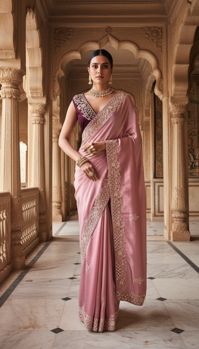 Rose Gold Premium Banarasi Zari Tissue Silk Sari