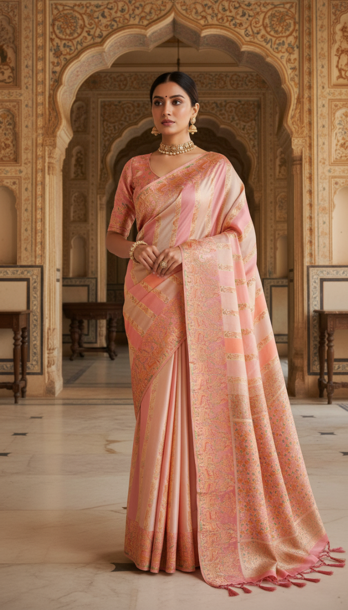 Pure Satin Organza Peach Silk Saree