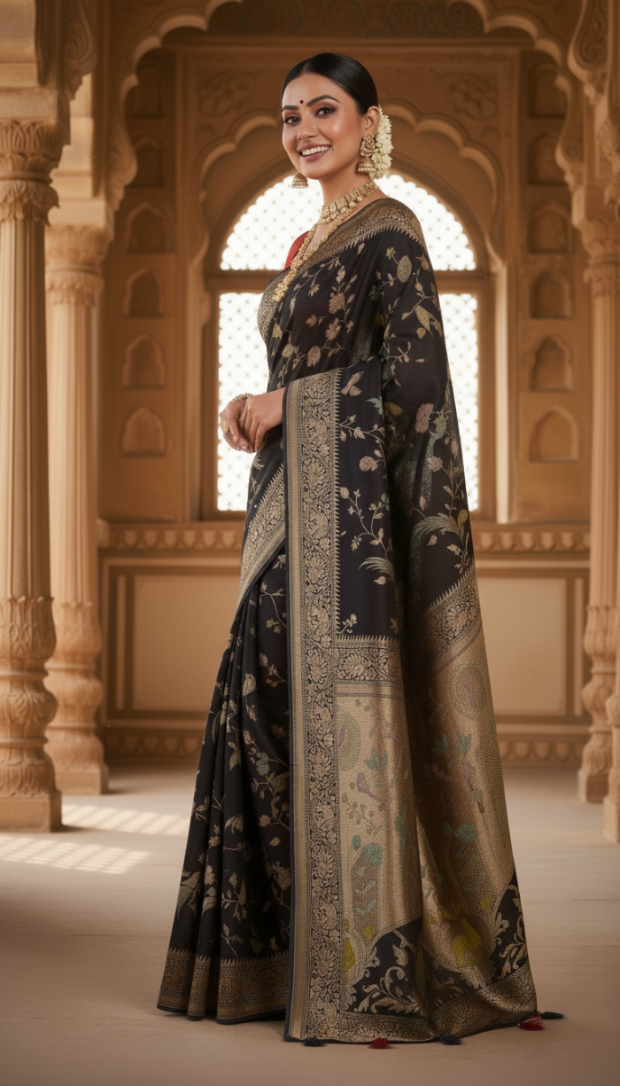 Pure Mashru Black Silk Saree