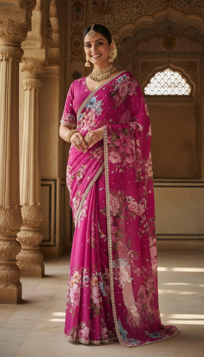 Pure Chinon Crepe Maroon Silk Saree