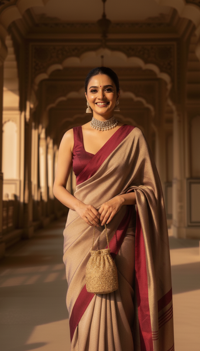 Banarsi Handloom Pure Tissue Silk Satin Maroon Border Saree