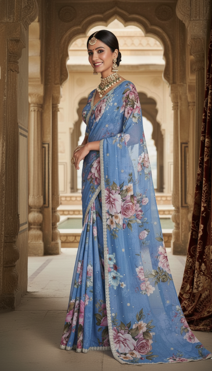 Pure Chinon Crepe Blue Silk Saree