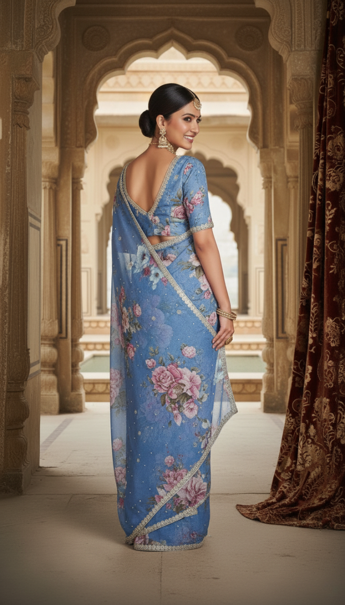 Pure Chinon Crepe Blue Silk Saree
