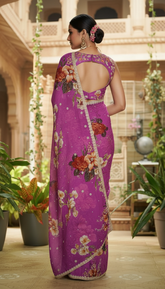Pure Chinon Crepe Purple Silk saree