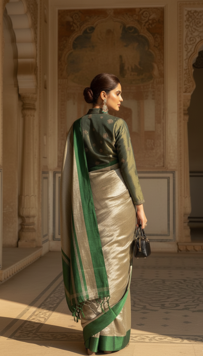 Banarsi Handloom Pure Tissue Silk Satin Green Border Saree