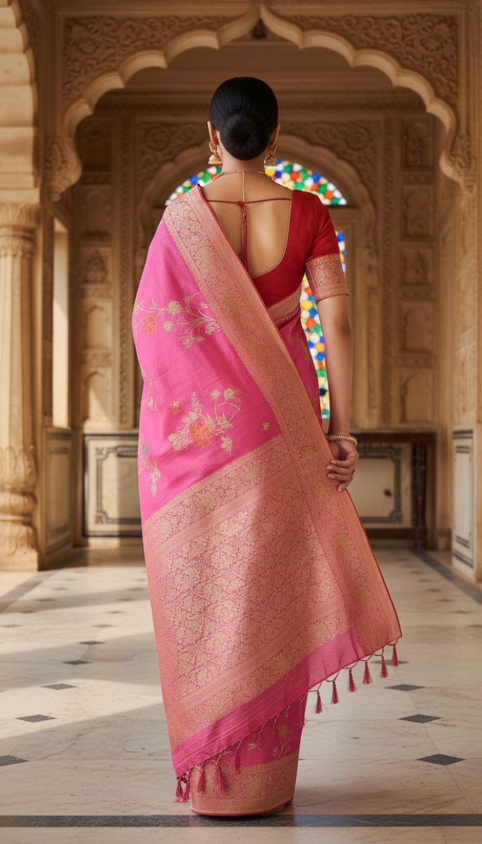 Moonga Crape Saree Pink Meenakari Floral Patterns