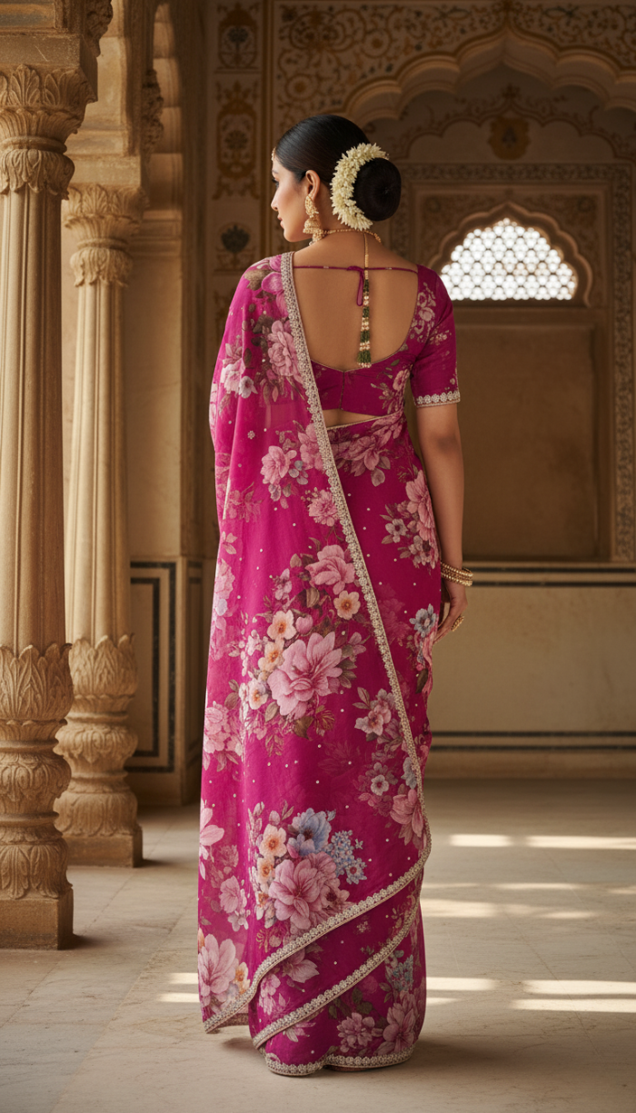 Pure Chinon Crepe Maroon Silk Saree