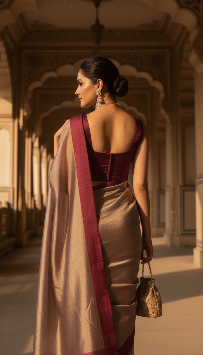 Banarsi Handloom Pure Tissue Silk Satin Maroon Border Saree