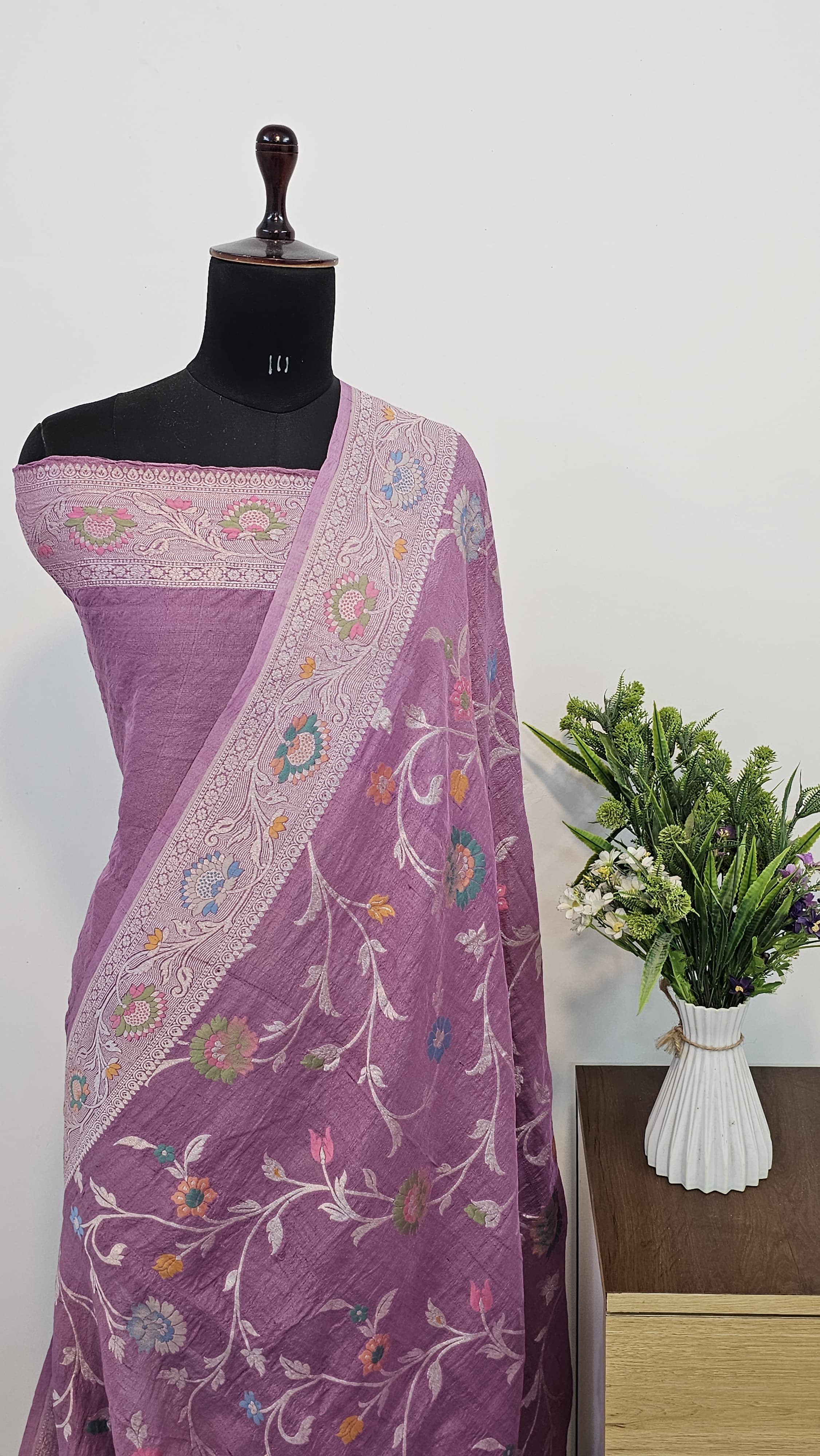 Handwoven Pure Tusser Lavender Georgette Khadi Saree