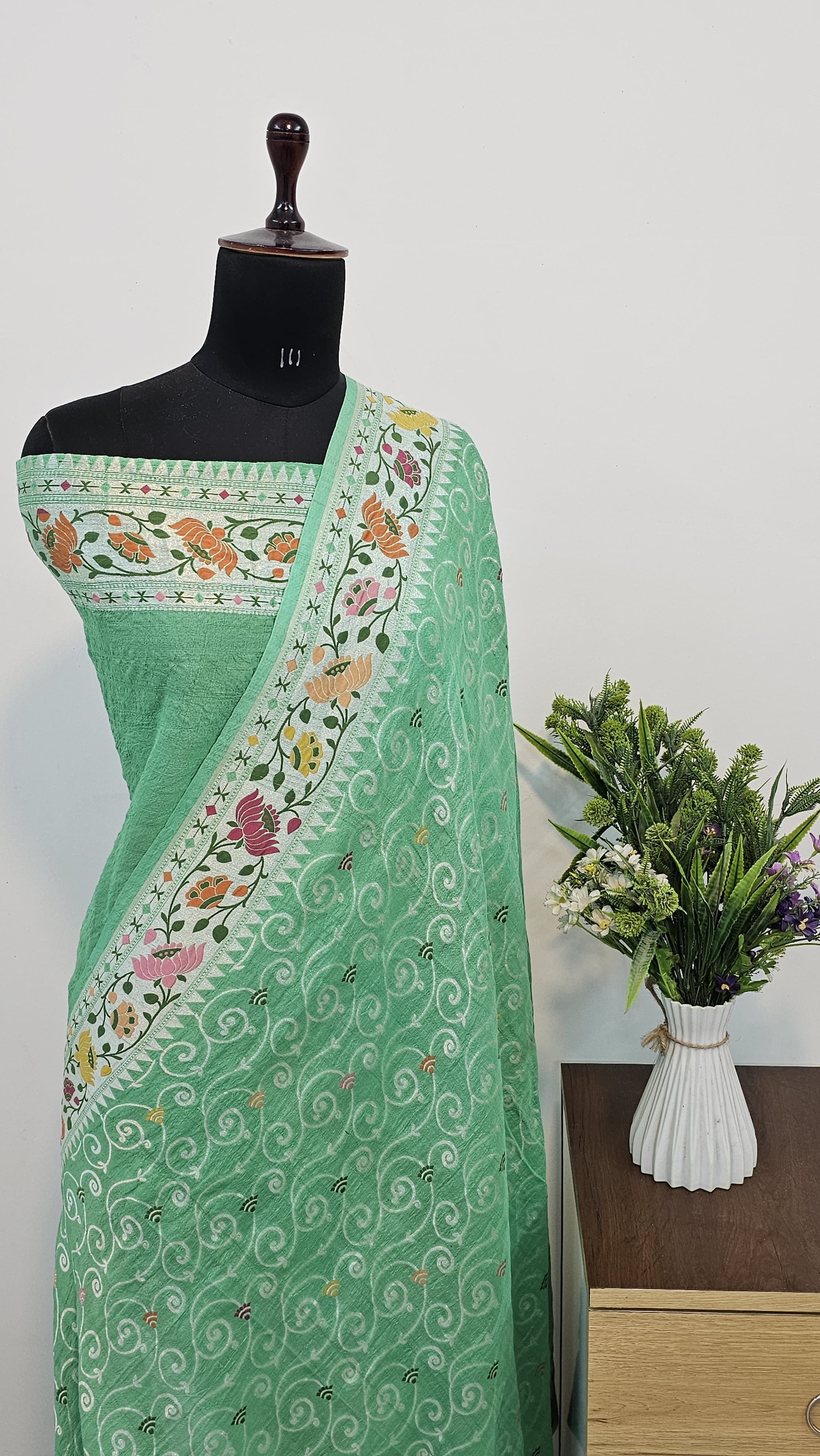 Handwoven Pure Tusser Ocean Green Georgette Khadi Saree