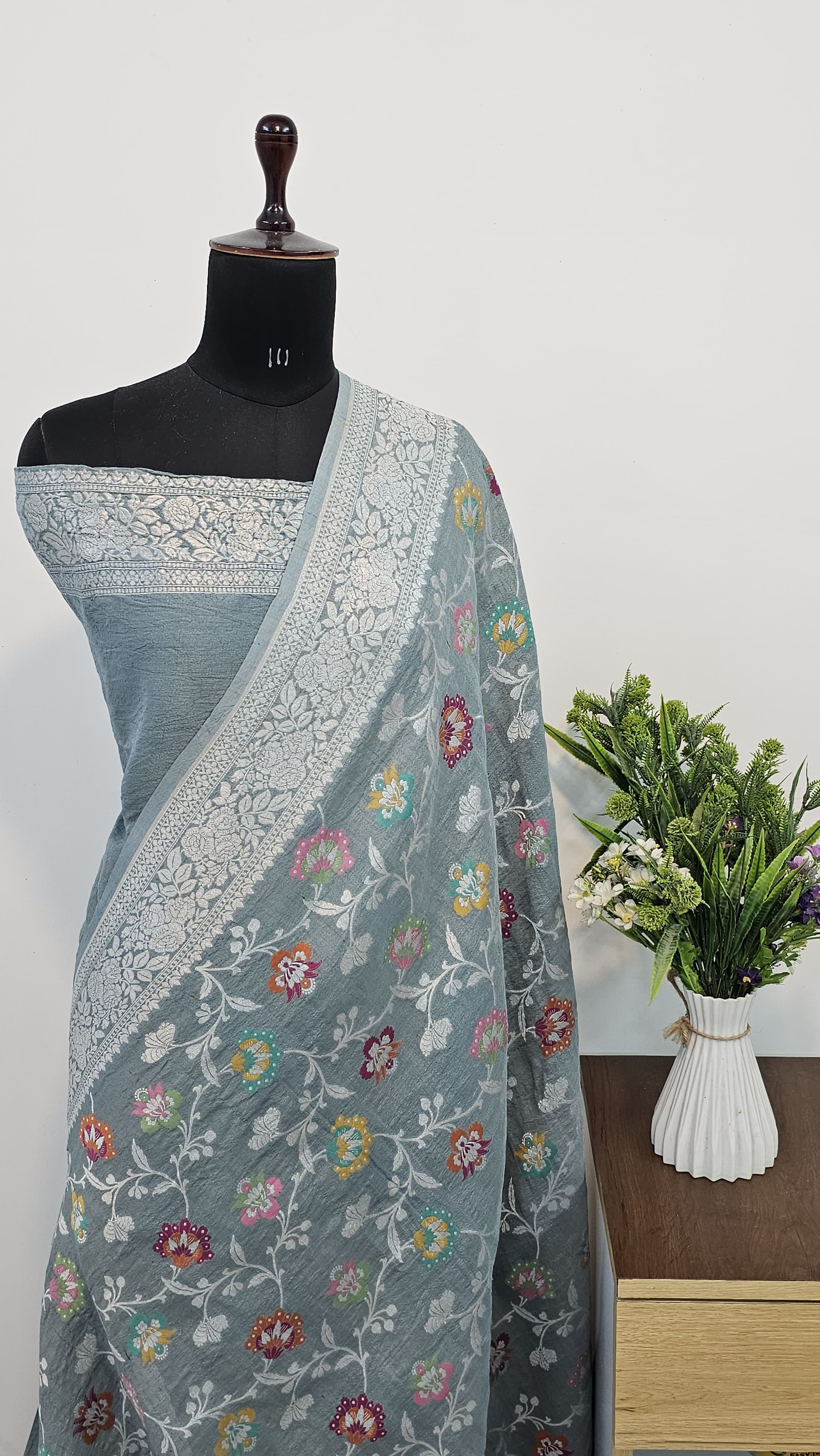 Handwoven Pure Tusser Slate Blue Georgette Khadi Saree