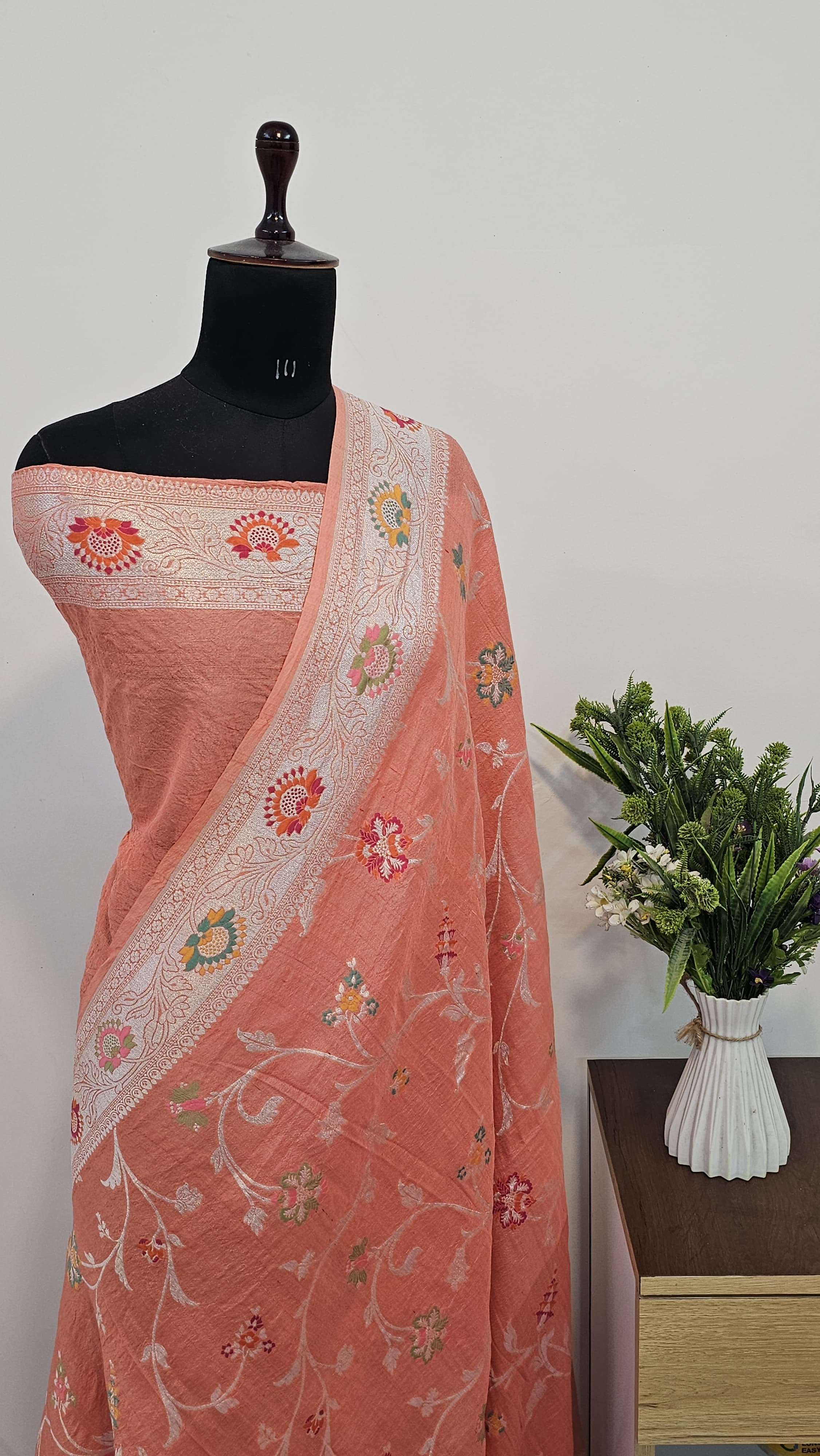 Handwoven Pure Tusser Peach Orange Georgette Khadi Saree