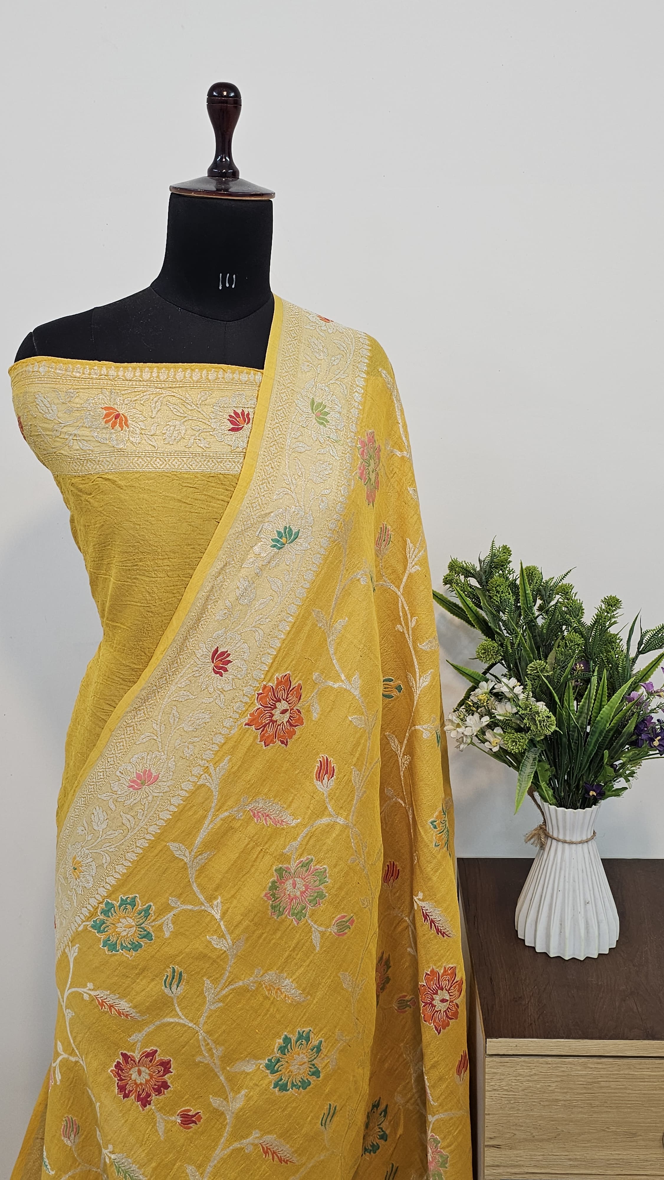 Handwoven Pure Tusser Yellow Georgette Khadi Saree